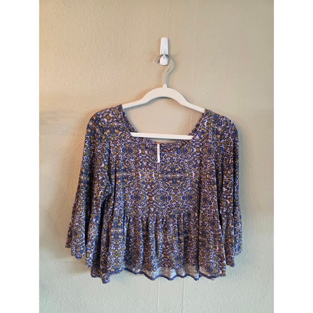 Free People Printed Peplum Linen Blend Top SZ Large Hippie Free Spirited Boho